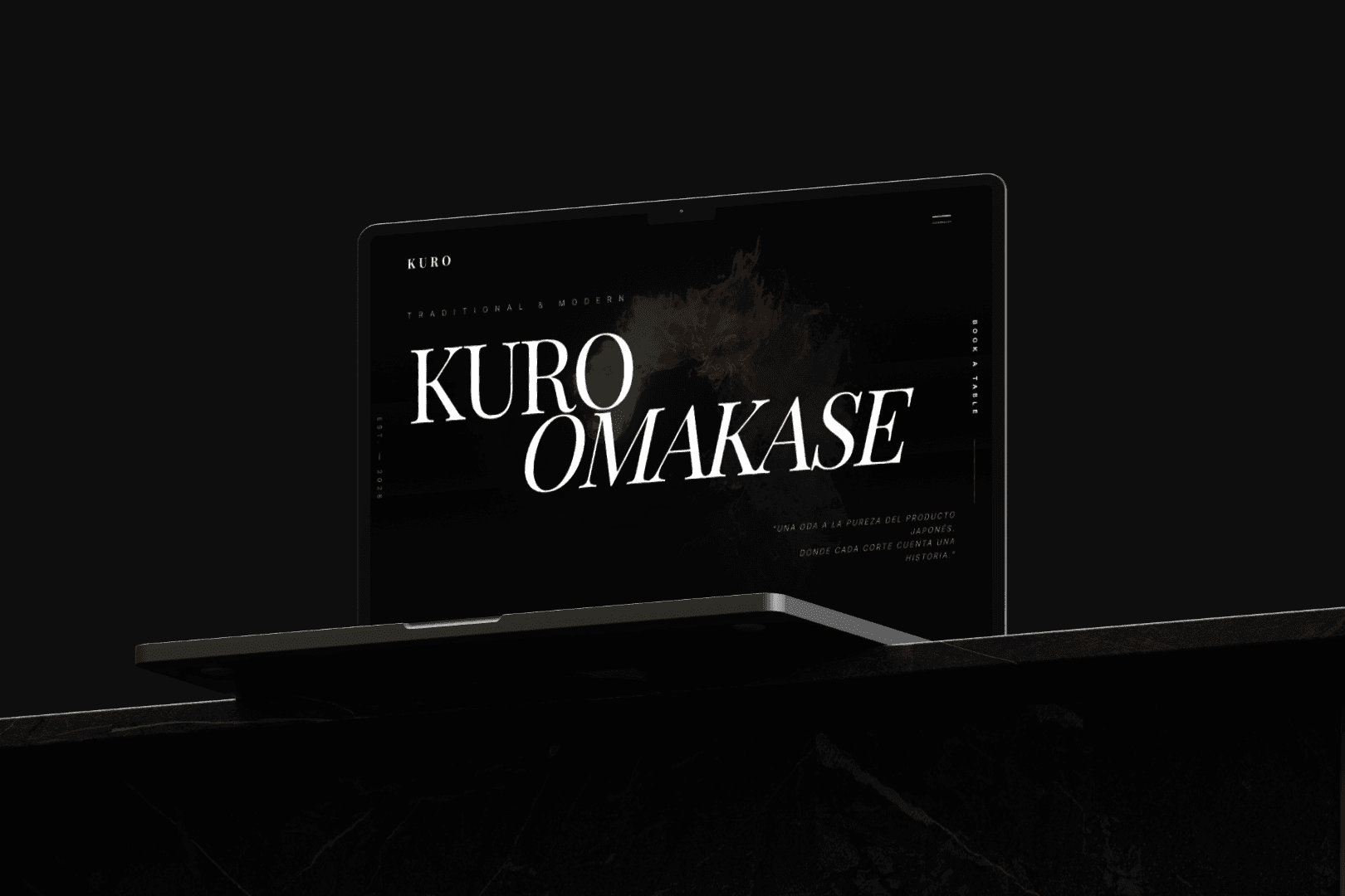Dark screen showcasing the Kuro Omakase brand with a cinematic aesthetic.